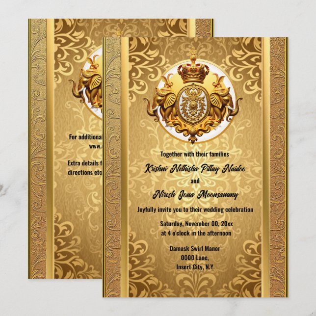 Invitation Mariage indien or noir éléphants damask élégant (Devant / Derrière)