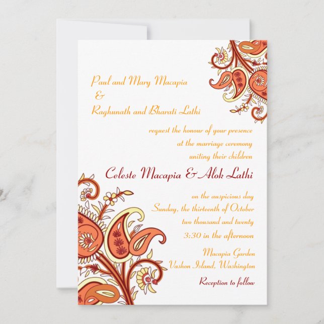 Invitation Mariage indien Paisley Floral Gold Red Orange (Devant)