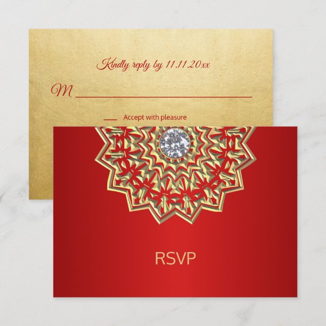 Invitation Mariage indien personnalisé Ruby Rouge Or Mandala  (Devant / Derrière)