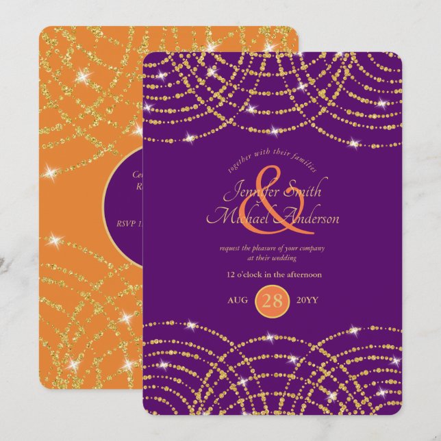 Invitation Mariage indien Purple Coral Gold Lumières (Devant / Derrière)