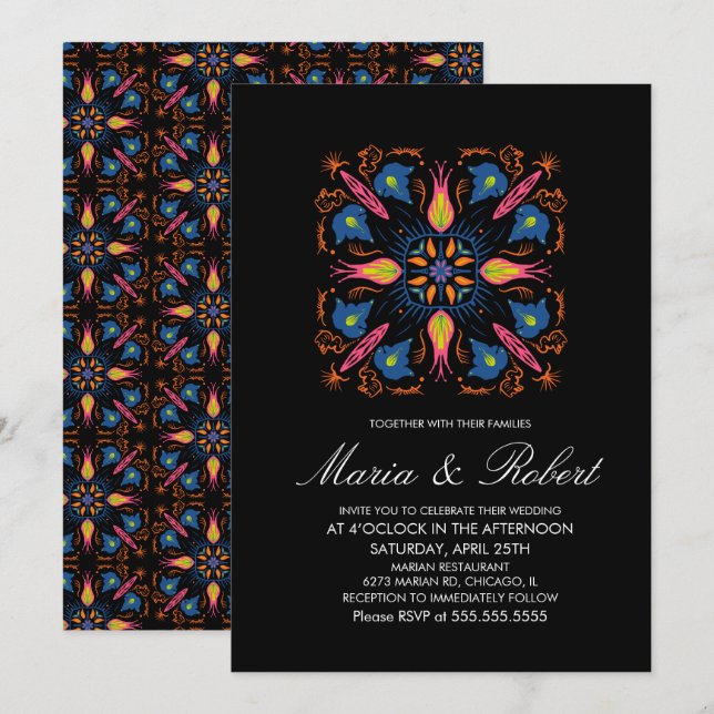 Invitation Mariage indien Thème Eléphant Floral Noir (Devant / Derrière)