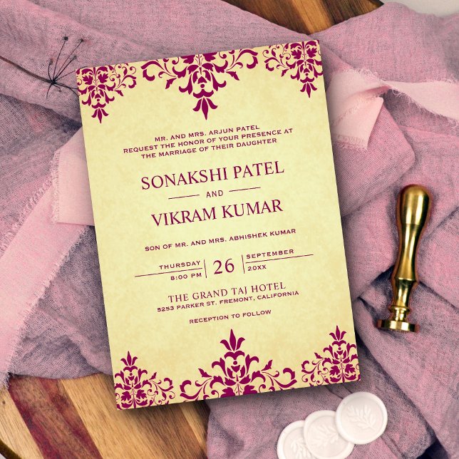 Invitation Mariage indien vintage Pink Damask (Créateur téléchargé)