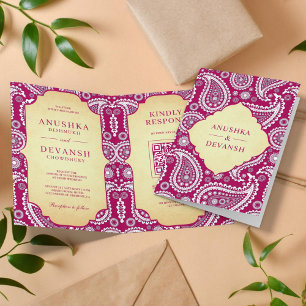 Invitation Mariage Indien Vintage Rani Rose Paisley Code QR