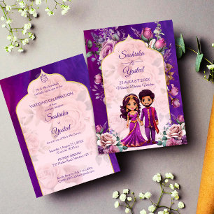Invitation Mariage indien violet rose rose mignon couple nupt