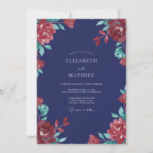Invitation Mariage Indigo Cramoisi Ranunculus Eucalyptus Pous