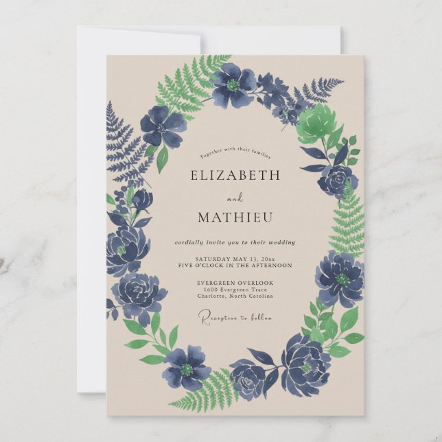 Invitation Mariage Indigo Fern Leafy (Devant)
