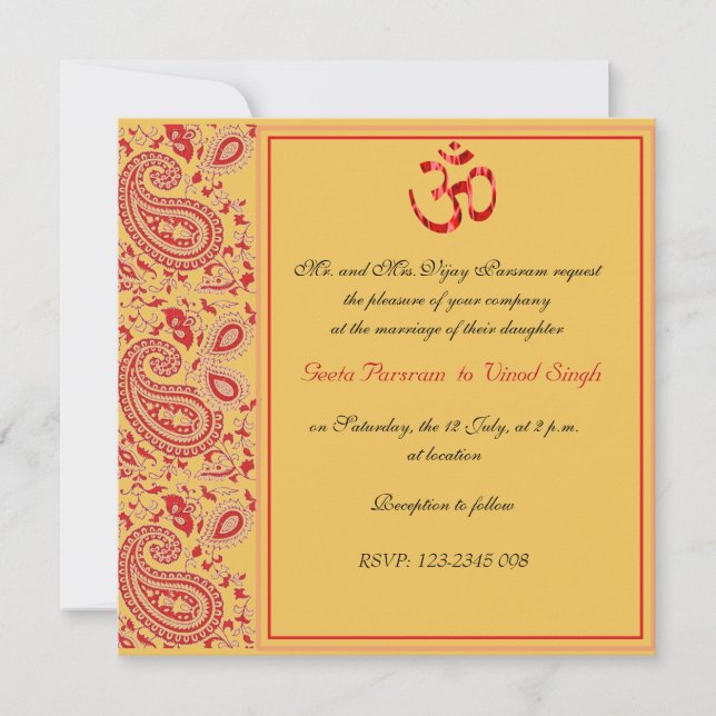 Invitation Mariage indou de Paisley de rouge et d'or (Devant)