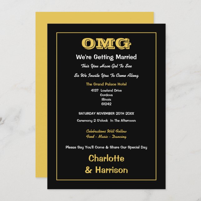 Invitation Mariage informel Black Gold (Devant / Derrière)