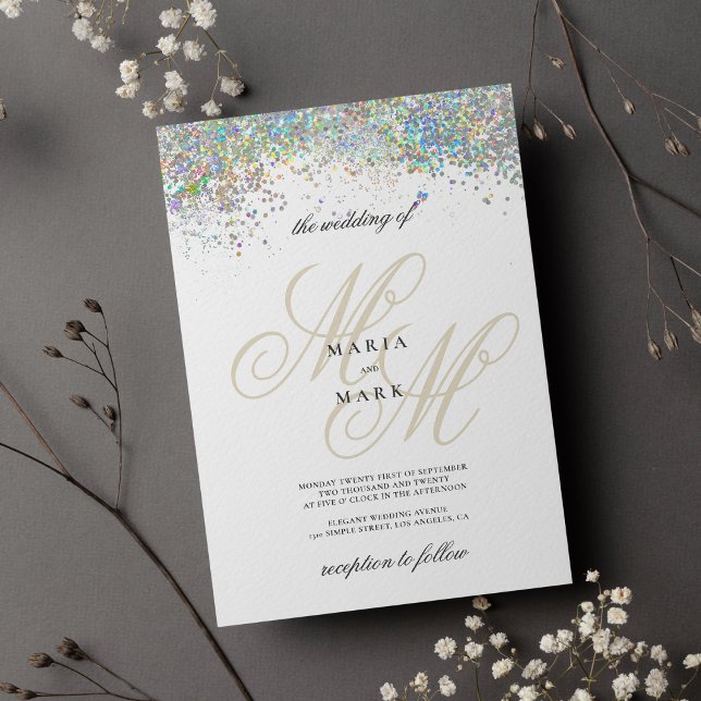 Invitation Mariage initial de la parties scintillant en argen (White gold monogram initials geometrical wedding)