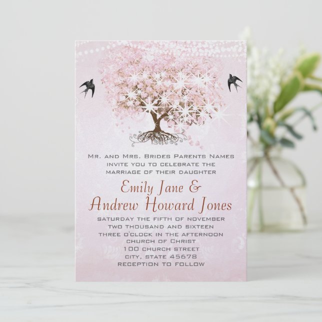 Invitation Mariage Inséparable simple Pink Heart Leaf Tree (Debout devant)