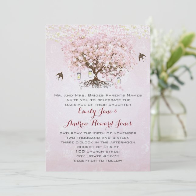 Invitation Mariage Inséparable simple Pink Heart Leaf Tree (Debout devant)