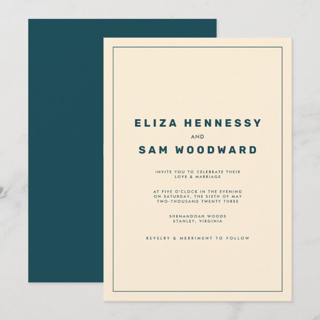 Invitation Mariage inspiré de Wes Anderson turquoise et beige (Devant / Derrière)