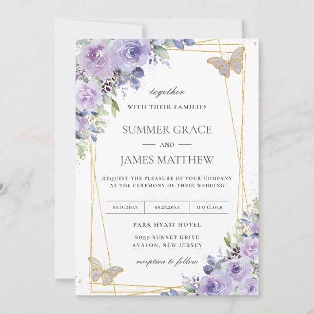 Invitation Mariage intemporel Papillons floraux Lilac (Devant)