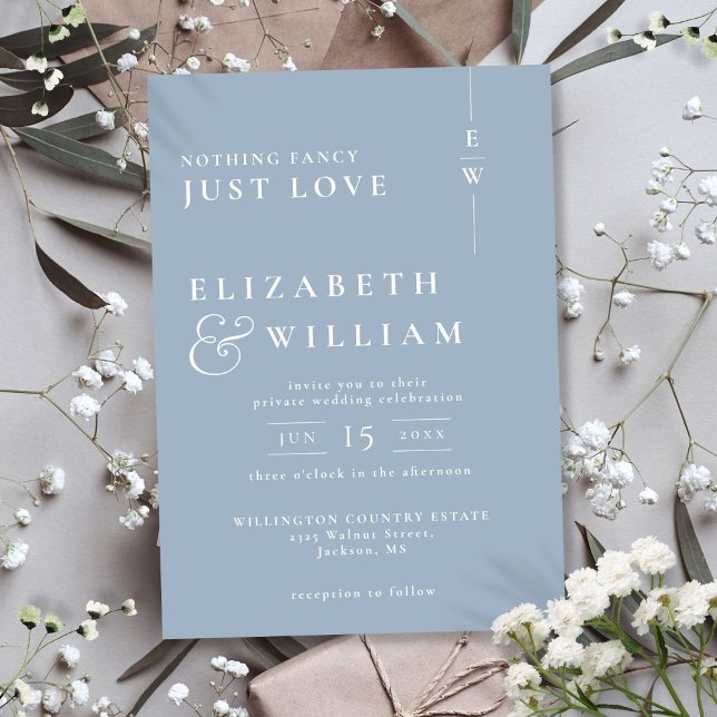Invitation Mariage Intime Moderne Monogramme Bleu Poussiéreux (Créateur téléchargé)