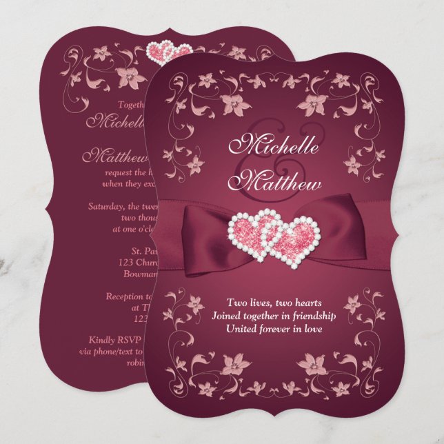 Invitation Mariage Inviter 2 Bourgogne, Floral Brut, Coeurs (Devant / Derrière)