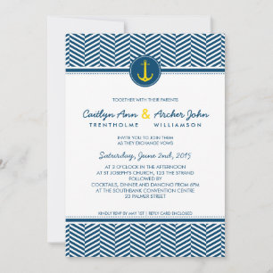 Invitation MARIAGE INVITER ancre nautique coeur marine jaune