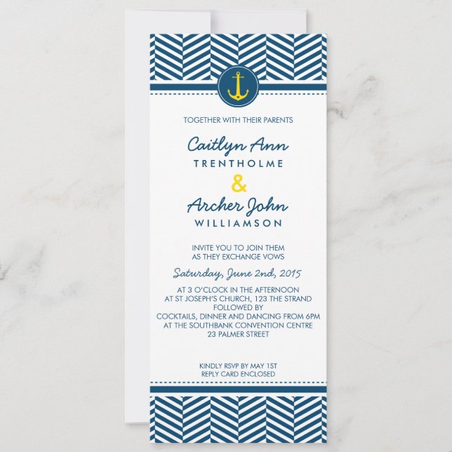 Invitation MARIAGE INVITER ancre nautique coeur marine jaune (Devant)