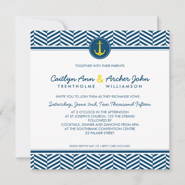 Invitation MARIAGE INVITER ancre nautique coeur marine jaune (Devant)