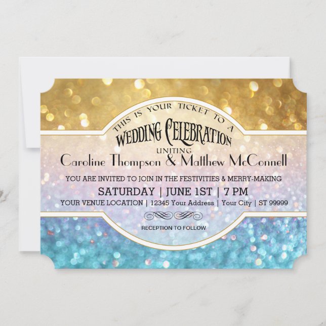 Invitation Mariage Inviter Bokeh Movie Ticket Style Gold Rose (Devant)