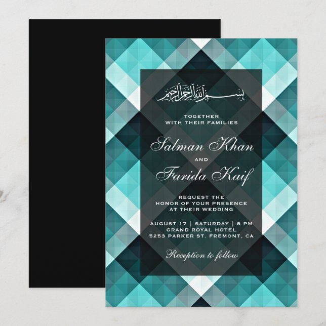Invitation Mariage islamique Abstrait géométrique Turquoise (Devant / Derrière)