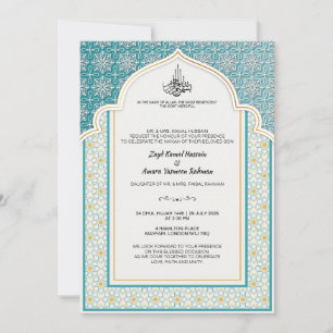 Invitation Mariage islamique Arabesque sarcelle et blanc perl