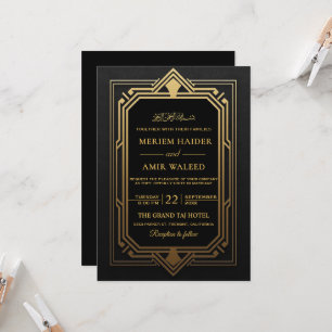 Invitation Mariage islamique Art Déco noir et or vintage