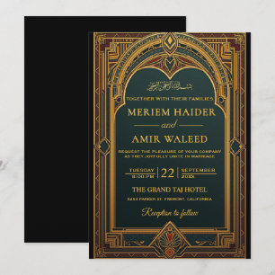Invitation Mariage islamique Art déco noir et or vintage