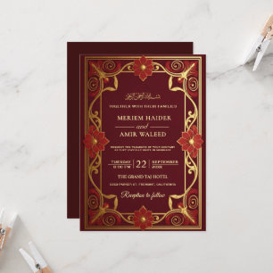 Invitation Mariage islamique Art Déco vintage bordeaux et or