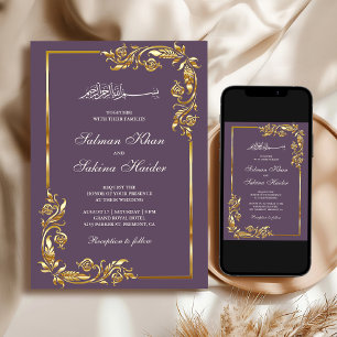 Invitation Mariage islamique avec bordure florale or violet p