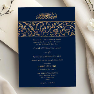 Invitation Mariage islamique bleu marine or floral de luxe
