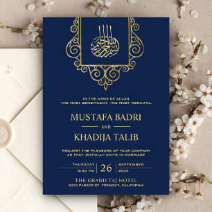 Invitation Mariage Islamique Bleu Or à Motifs Anciens