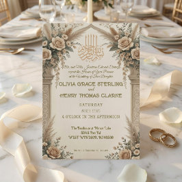 Invitation Mariage islamique floral or antique crème Classiqu