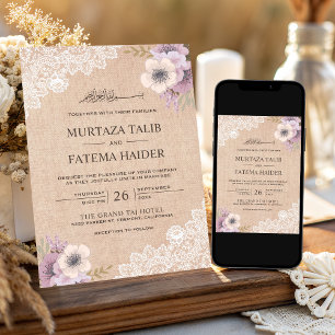 Invitation Mariage Islamique Floral Rose Ruban de Burlap Rust