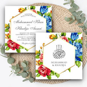 Invitation Mariage Islamique Floral Vibrant Faux Or Géométriq
