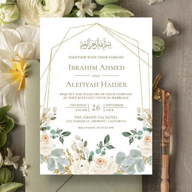 Invitation Mariage islamique géométrique de cadre d'or ivoire (Créateur téléchargé)