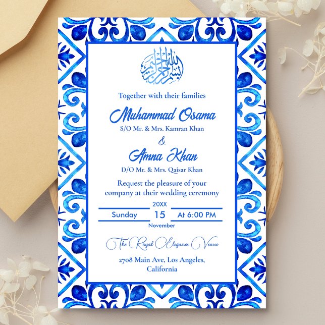 Invitation Mariage islamique marocain bleu et blanc (Créateur téléchargé)