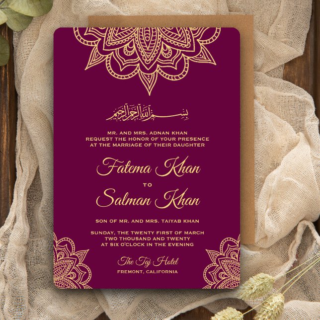 Invitation Mariage islamique Mehndi de Tyrie d'or violet henn (Créateur téléchargé)