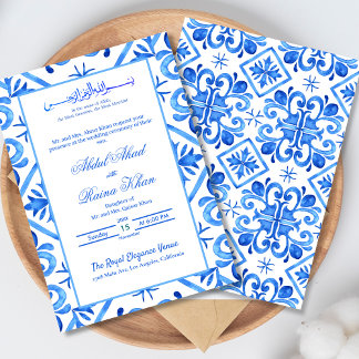 Invitation Mariage Islamique Motif Marocain Bleu et Blanc