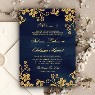 Invitation Mariage islamique musulman bleu marine or floral