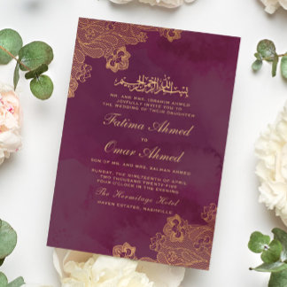 Invitation Mariage islamique musulman bordeaux dentelle feuil