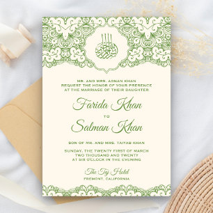 Invitation Mariage islamique musulman en dentelle verte et cr