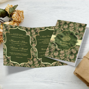 Invitation Mariage islamique musulman floral doré vert chasse
