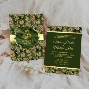 Invitation Mariage islamique musulman floral doré vert chasse