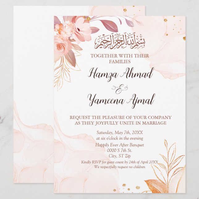 Invitation Mariage islamique musulman rose moderne (Devant / Derrière)