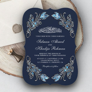 Invitation Mariage Islamique Papillons Floraux Bleu Saphir