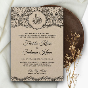 Invitation Mariage islamique rustique Kraft dentelle noire vi