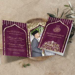 Invitation Mariage Islamique Vintage Or Pourpre Prune Arc