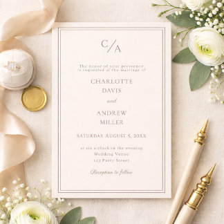 Invitation Mariage ivoire taupe monogrammé simple
