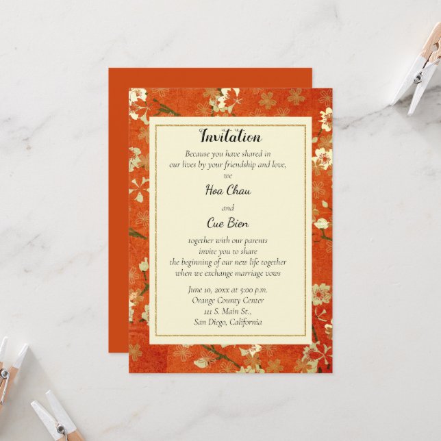 Invitation Mariage japonais d'invitation à la florale rouge e (Devant/Arrière en situation)