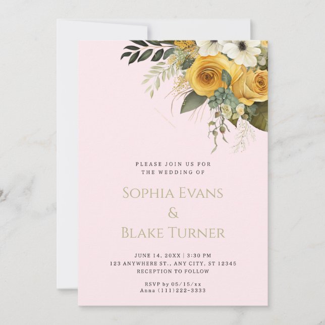 Invitation Mariage jaune blanc et vert Floral rose (Devant)